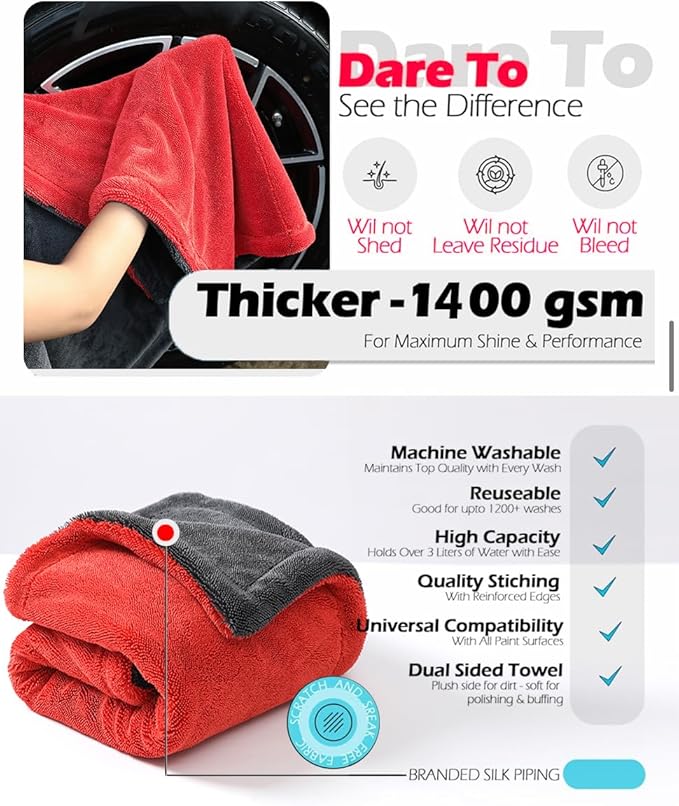 Extra Large Microfiber Twisted Car Drying Towel, Red and Grey, Ultra Absorbent, 24 * 36 Inches, One-Swipe Drying, for Car Exterior