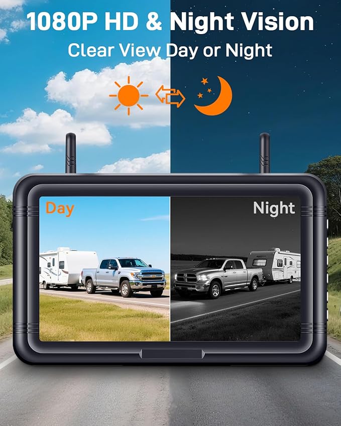Wireless Solar Backup Camera for Trailer: Long-Range Signal Magnetic Backup Camera for Travel Trailer 7-Inch DVR Monitor 1080P HD Night Vision by Rohent - A70