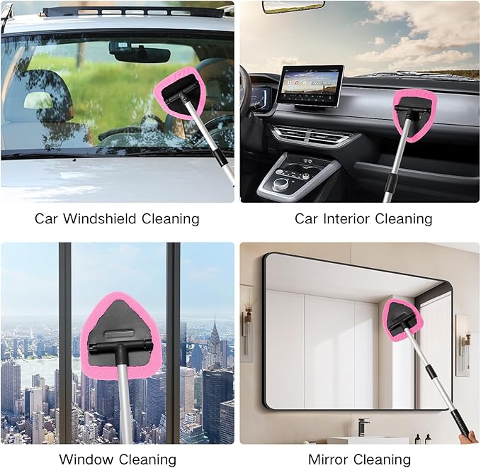 Qydipclin 10pcs Windshield Cleaner Tool, Car Window Cleaning Wash Kit with 4 Reusable Microfiber Pads 1 Spray Bottle and Extendable Handle Auto Glass Wiper Kit, Pink