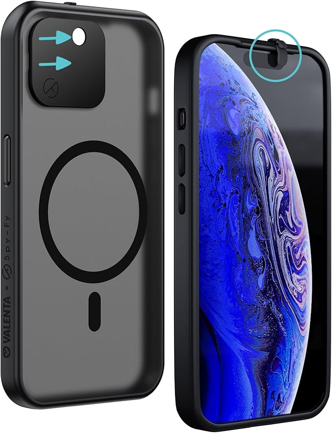 Spy-Fy Privacy Case Compatible for iPhone 15 with Camera Covers Front and Rear | Smokey Black | Magsafe Compatible and Kickstand | 6-Foot Drop Proof | 6,1 Inch | Camera Protection by Valenta