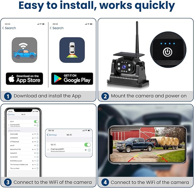 WiFi Magnetic Solar Wireless Backup Camera for Trucks/RV/Trailer, 1080P Rechargeable Rear View Camera Hikity, IP68 Waterproof Reverse Cam, Nigh Version/Type-C Charge/Easy Install, Support iOS&Android