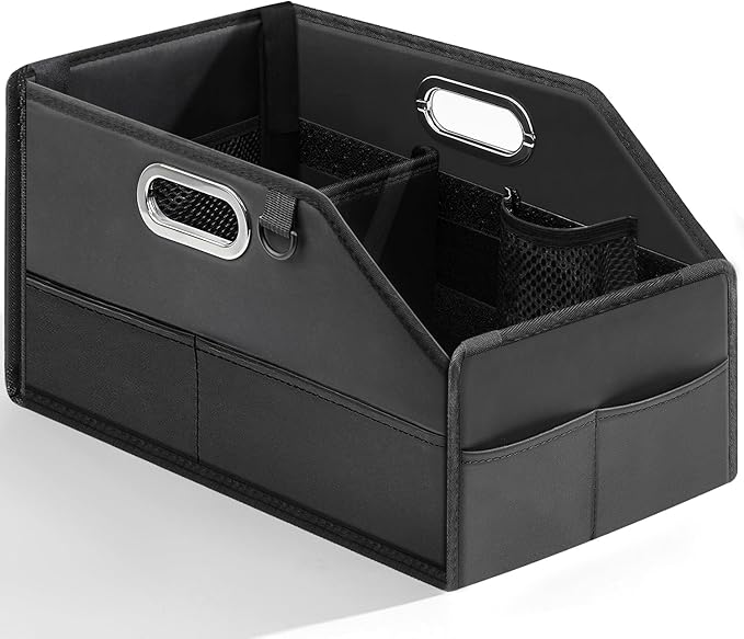 Car Seat Organizer for Back Seats&Front-Foldable PU Leather Storage with Adjustable Dividers,2 Cup Holders&7 Mesh Pockets-Detachable Design with Metal Handles for Kids Travel,Toys,Snacks