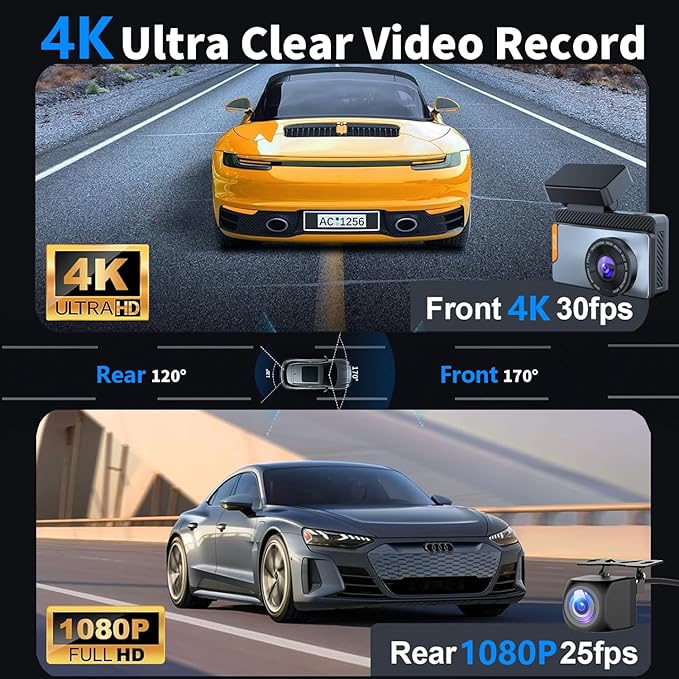 4K Dual Channel Dash Cam Front and Rear, Free 64GB Card Included, 5.8GHz WiFi Dash Camera for Cars, Built-in GPS, G-Sensor, 170°Wide Angle, 3" IPS Screen, 24H Parking Mode, Support 512GB Max