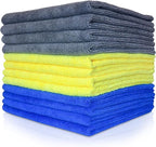 SAIU Microfiber Cleaning Cloths 16x16 in Grey/Blue/Yellow Higher Absorency 12 Pack, Car Washing Cloth Dry Dust Polish Multiple Uses