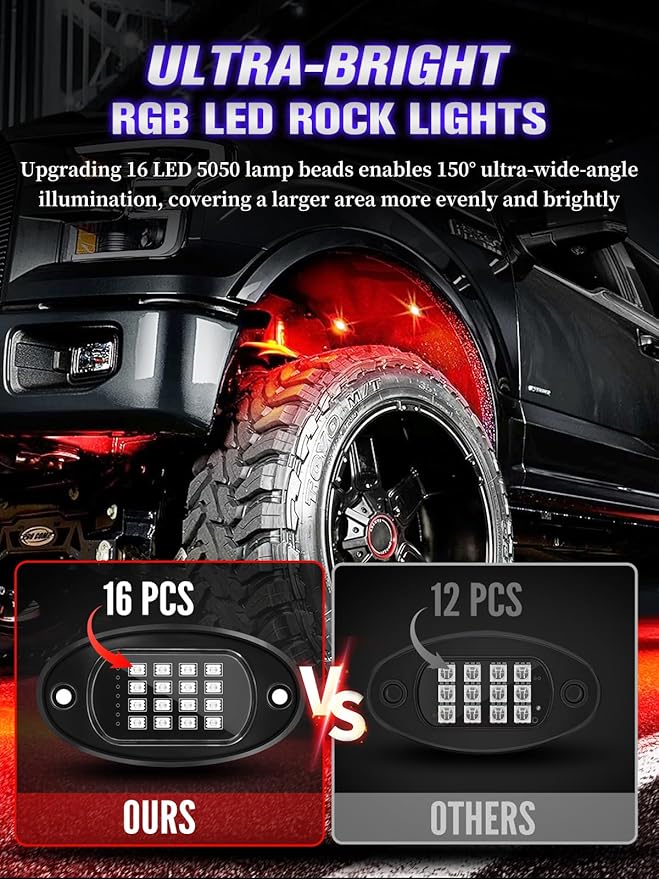 12 Pods RGB LED Rock Lights with APP/RF Remote Control High Brights Waterproof Underglow Multicolor Zone Neon Exterior Rock Lights for 12V Trucks Jeep UTV ATV RZR Offroad Pickup SUV Accessory