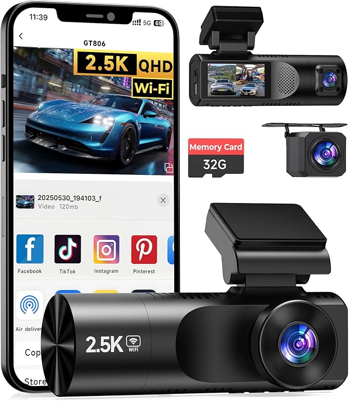 Dash Cam Front and Rear, 2.5K+1080P+1080P 3 Channel Dash Cam with 32GB Card, Wi-Fi Dash Camera for Cars, G-Sensor, Night Vision, 24H Parking, Loop Recording, 1.97”IPS, Support 256GB