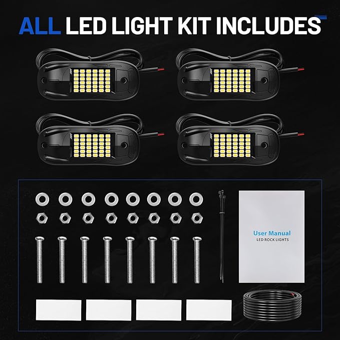 4 Pods 6500k White Rock Lights, IP68 Waterproof 36 LEDs SMD Chips Underglow Kit for Truck Pickup SUV UTV ATV RZR Car Boats