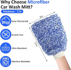 Microfiber Car Wash Mitt, Car Sponge Wrapped in Soft, Plush Fiber Cloth Material, Holds Tons of Sudsy Water for Effective Washing, Lint Free, Scratch Free, for Cars, Motorcycles (Blue 2 pack)