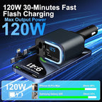 5-in-1 120W 30-Minutes Fast Flash Charging Retractable Car Charger, Wireless Bluetooth FM Transmitter, Type-C+USB-A Car Charger Adapter, Compatible with iPhone 17/16/15/14/13 Pro Max & Android Devices