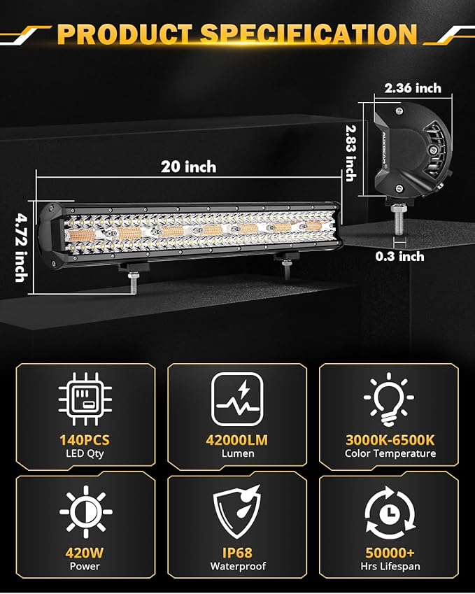 Auxbeam 20 Inch 420W LED Light Bar, 6 Modes Strobe Amber Lights Yellow Fog Light Dual Color Spot Flood Offroad Driving Lights, Memory Function LED Work Lights for Truck Car ATV