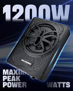 10" 1200W Slim Under Seat Powered Car Subwoofer Hideaway Subwoofer with Complete Mounting Wire Kit, Car Truck Audio Subwoofer Built in Amplifier Sub Amp Combo, with Blue LED Ambient Light