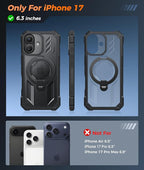 FNTCASE for iPhone 17 Phone Case: [360 Spin Magnetic Ring Kickstand] [Compatible for MagSafe] [Screen Protector] Heavy Duty Military Grade Protection Protective Phone Case with Stand Black