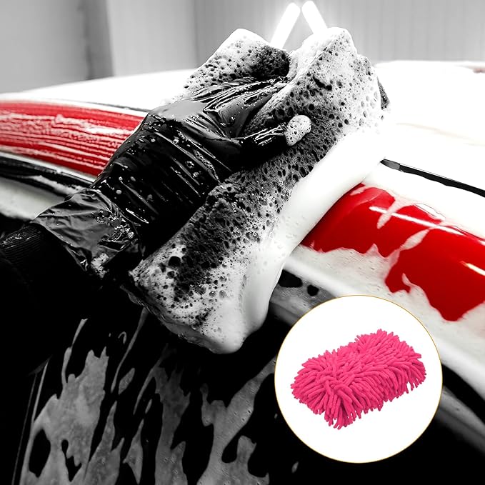 HARFINGTON Car Wash Sponge 9.1" x 4.7" Chenille Microfiber Mitt Scratch-Free Absorbent Scour Scrubber Cleaning Sponge for Washing Detailing on Cars, Trucks, SUV, Boats, RVs, Pink