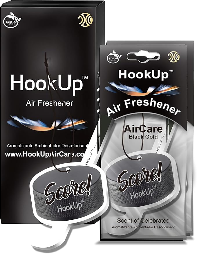 Hockey Car Air Freshener by HookUp - 2 Pack - Black Gold Scent (Extra Strong) | Unique Hockey Gift for Players, Coach, Fans | Hanging Car Accessory with Long Lasting Fresheners Smell