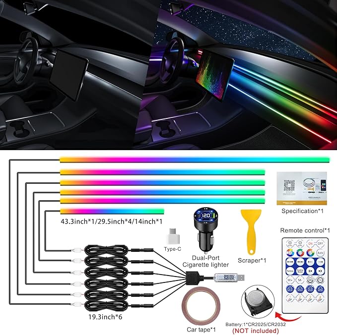 Acrylic Interior Car LED Strip Light with USB/Type C/4-Port Cigarette Lighter, Dreamcolor 6 in 1 with 175 inches 650 LEDs Ambient Lighting Kits, Sound Active Function Neon Led Strips for Car