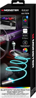 Monster Bluetooth Sound Reactive RGB Fiber Optic Car Interior Lighting Kit, Use Remote/Downloadable App to Customize, Sound-Reactive Mode, Easy Installation, 13ft Cable/12V Adapter Included, 4-Pack