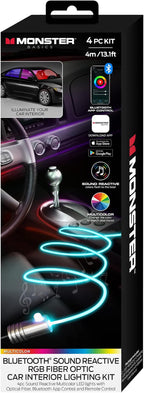 Monster Bluetooth Sound Reactive RGB Fiber Optic Car Interior Lighting Kit, Use Remote/Downloadable App to Customize, Sound-Reactive Mode, Easy Installation, 13ft Cable/12V Adapter Included, 4-Pack