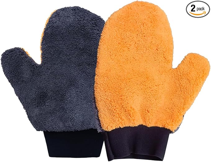 2PCS Coral Fleece Car Wash Mitts, No Scratch Microfiber Wash Mitt Car Cleaning Glove with Thumb, Reusable Dusting Mitt with Elastic Wrist Cuff for Car Washing and Detailing (Thumb Glove)