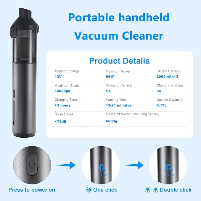 Cordless Handheld Vacuum for Car & Home - 16000pa Powerful Suction, Rechargeable, Lightweight, with Storage Bag, Ideal for Pet Hair/Car Detailing/Sofa （Grey）