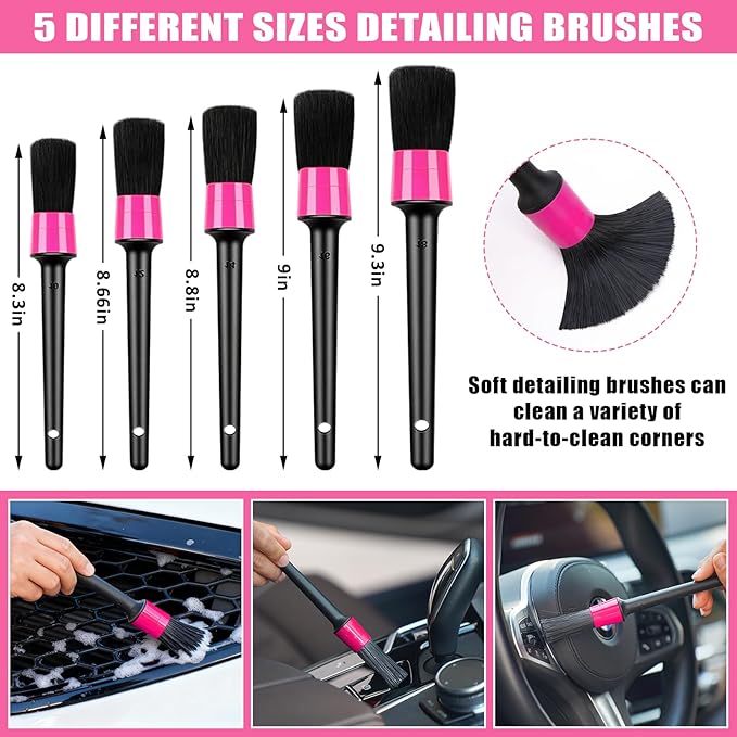 AUTODECO Windshield Cleaner Tool, 17Pcs Car Interior Detailing Kit, Detailing Brush, Towels, Duster, Car Cleaning Kit Interior for RVs, Truck, Trailer (Pink)