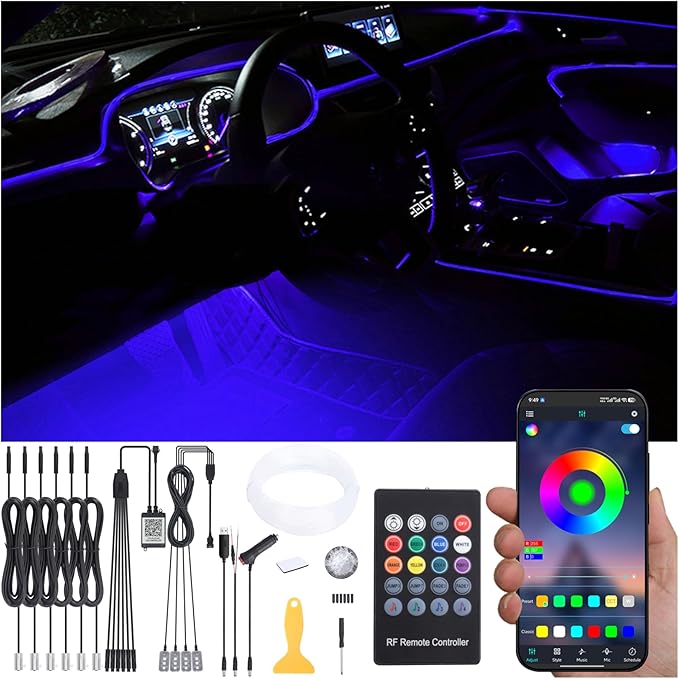 Car Ambient Lighting 64 Colors Multicoloured Music Optic Fiber Controller + APP Control Car DIY Decorative Atmosphere Lighting Kit DC 12V 1W 8m