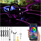 Car Interior Strip Lights, 4 in 1 Multicolor RGB Car Ambient Lighting Kit, 5m Fiber Optic EL Neon Tube Light, DIY Mode Music Sync APP Control DC 12V