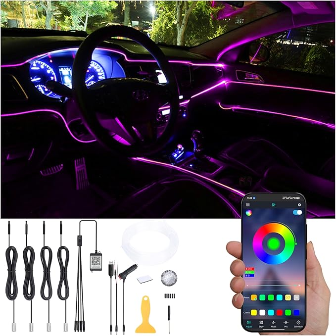 Car Interior Strip Lights, 4 in 1 Multicolor RGB Car Ambient Lighting Kit, 5m Fiber Optic EL Neon Tube Light, DIY Mode Music Sync APP Control DC 12V