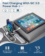 Center Console Organizer, Rear Bench Seat Armrest Organizer with Fast Phone Charging & Cup Holders