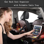 Premium PU Leather Backseat Seat Organizer with Foldable Table, Multi-Storage Pockets and Adjustable Buckle Strap - Beige
