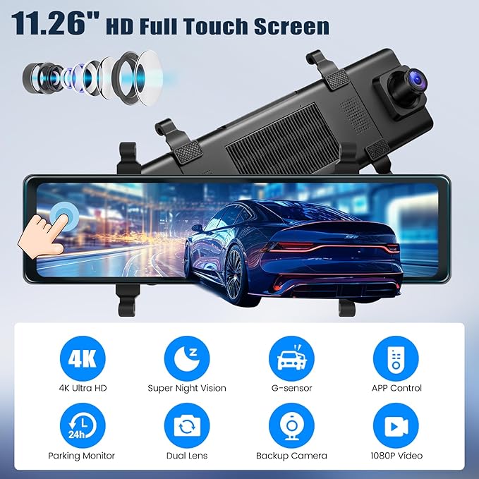 4K Mirror Dash Cam 11.26" Rear View Mirror Front and Rear View Dual Cameras with Night Vision,G-Sensor,Loop Recording,Parking Assistance,APP Control,24H Parking Monitor,Waterproof Backup Camera