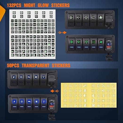 Nilight 5 Gang Rocker Switch Box 12V SPST ON Off Switches PD Type C and QC 3.0 USB Charger Voltmeter Waterproof Aluminum Panel DIY Stickers for Boats Cars RVs Trucks