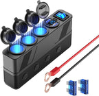 12V 24V Car Charger Socket Splitter with 10FT/3M Cable, 3 Cigarette Lighter Socket Multi 4 Port Adapter Plug with LED Display Master Switch Independent Switch,12 Volt Power Outlet with Eyelet Terminal