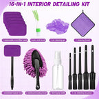16 Pcs Windshield Cleaner Tool, Car Cleaning Kit with Various Detailing Brushes Set Spray Bottle Cleaner Towel Cleaning Gel Accessories Car Interior Detailing Kit for Windows Vents(Purple)