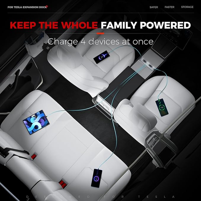 Upgrade 65W USB Charger Hub for Tesla Model 3 Highland 2024-2025 & New Model Y Juniper 2026 Accessories, 4-Port Retractable Phone Charger USB Hub – Center Console