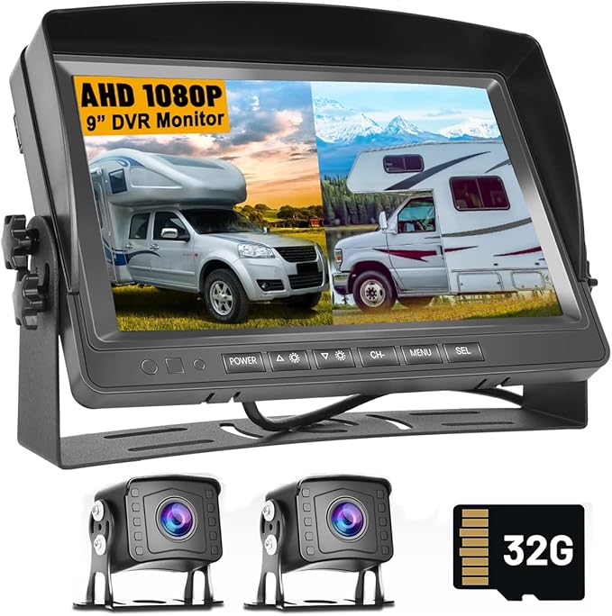 9 Inch DVR Car Monitor Dual Backup Camera Kit HD 1080P Night Vision IP69 Waterproof Rear View Cam 2 Split Screen Back Up Camera Kit for Car/Truck/Trailer/RV/Pickup 12-35V with 32G SD Card