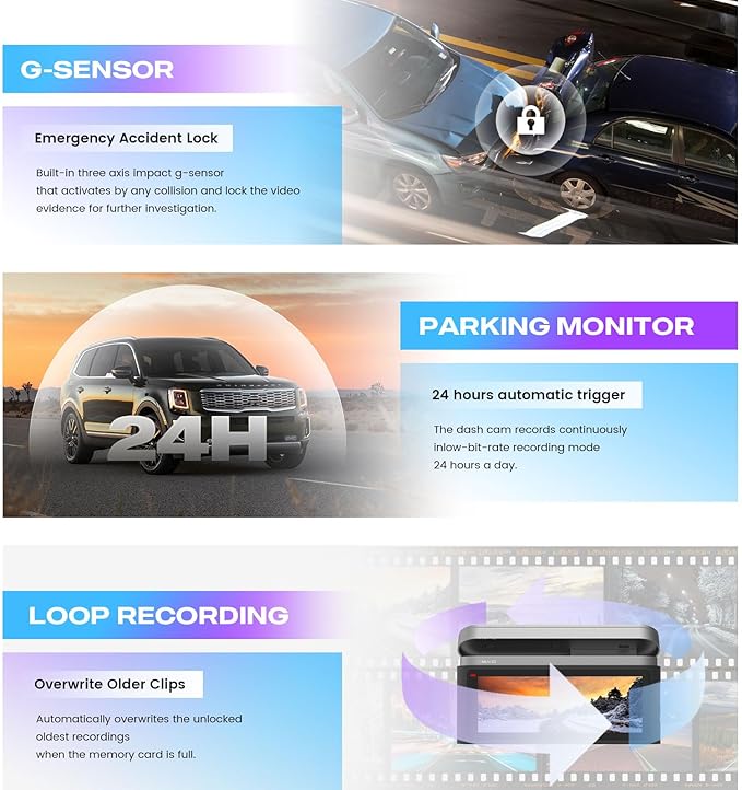 Dasaita 4K Front Dash Cam, 2160P Car Camera, 3.2" IPS HD Display, 170° Wide Angle, WiFi, WDR, G-Sensor, Loop Recording, Car Charger Power Cable, Night Vision-DAS-U3
