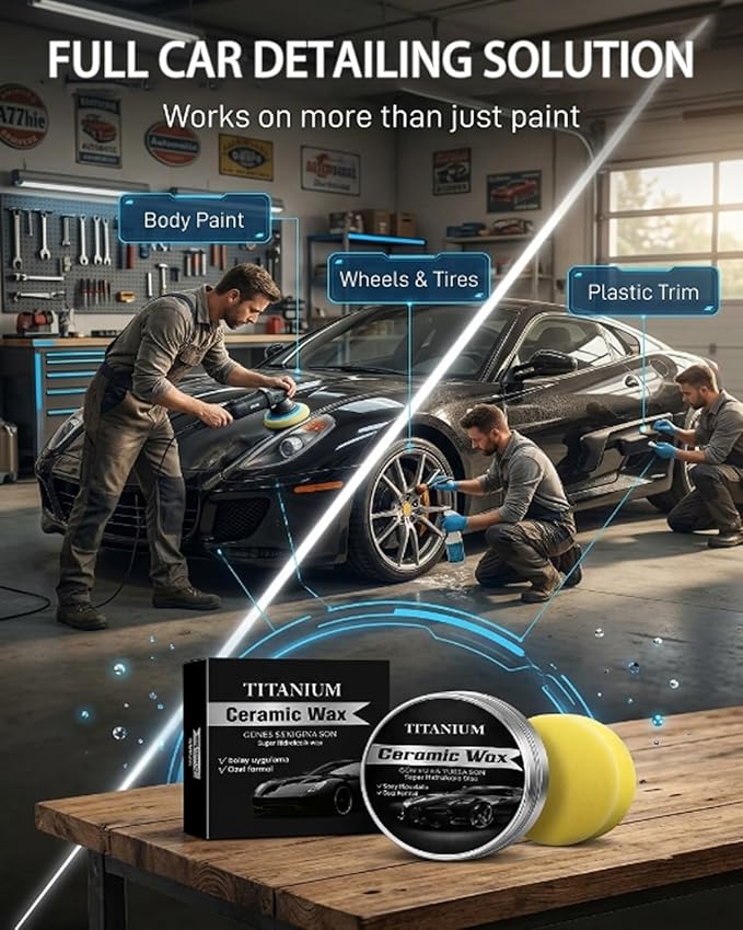 Titanium Ceramic Wax Cream Mirror Shine Car Scratch Repair Coating Paste, Polishing Paint Remover for Auto Vehicles, Graphene Nano Hybrid Care Kit for Tire Wheel Cleaning(4PCS)