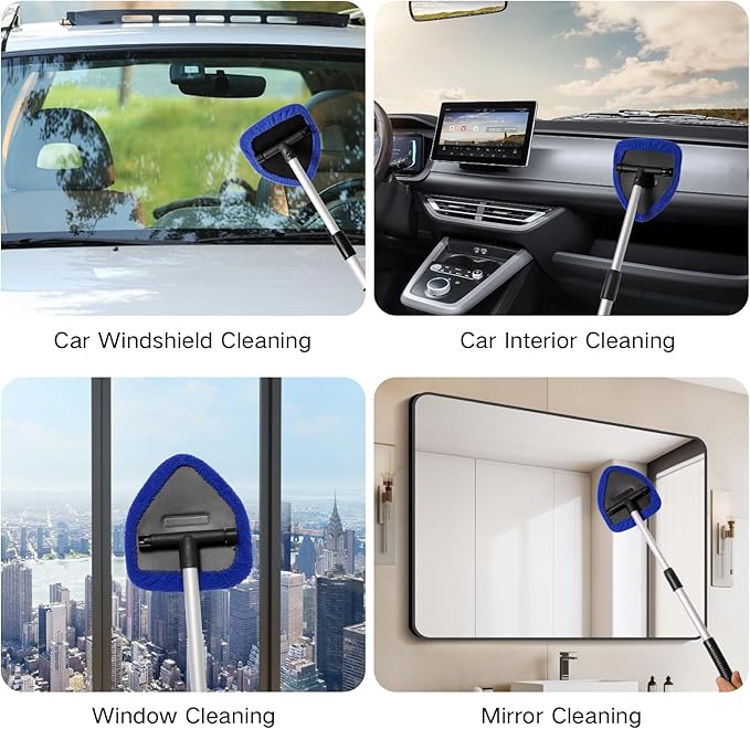 Qydipclin 10pcs Windshield Cleaner Tool, Car Window Cleaning Wash Kit with 4 Reusable Microfiber Pads 1 Spray Bottle and Extendable Handle Auto Glass Wiper Kit, Blue&Green