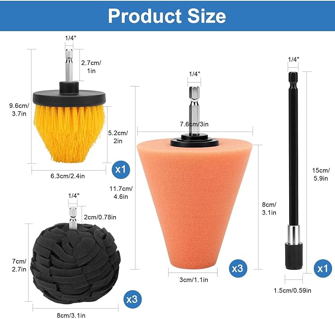 Linkstyle 8Pcs Drill Polishing Pads Kit, Foam Polishing Cone & Ball Set with Extension Holder & Brush, 1/4" Hex Drill Attachment for Car Wheel Hub Rim Metal