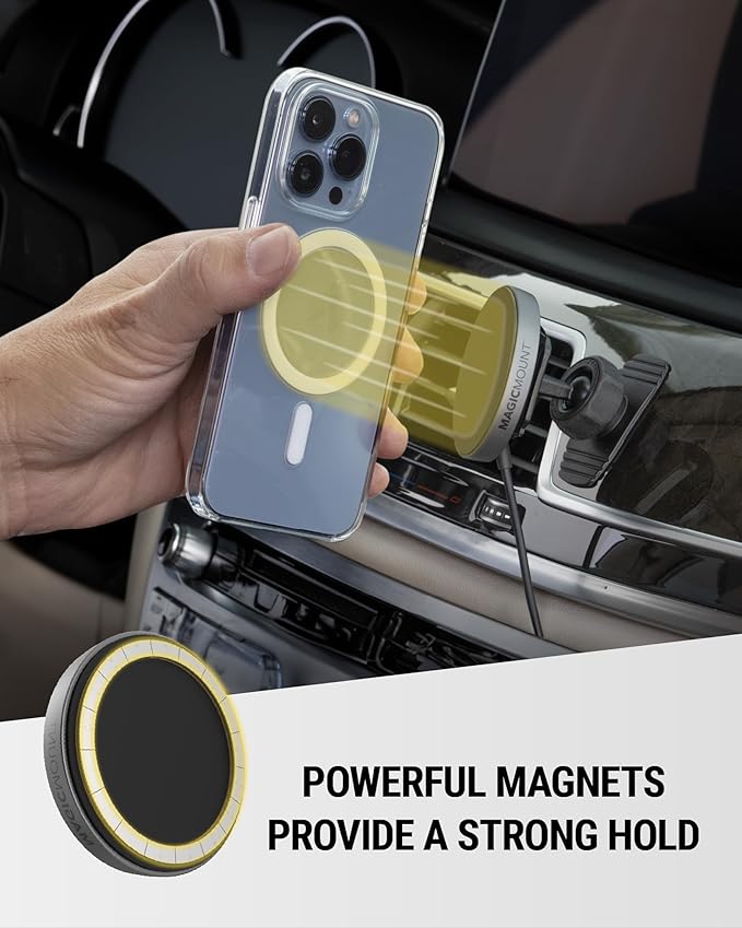 Scosche MPQMRDV MagicMount Charge Pro Qi2 MagSafe Car Mount Charger, 15W Fast Magnetic Wireless Charging Phone Holder for Dashboard/Vent Compatible with iPhone 16/15/14/13/12 Pro Max Plus, Samsung S25