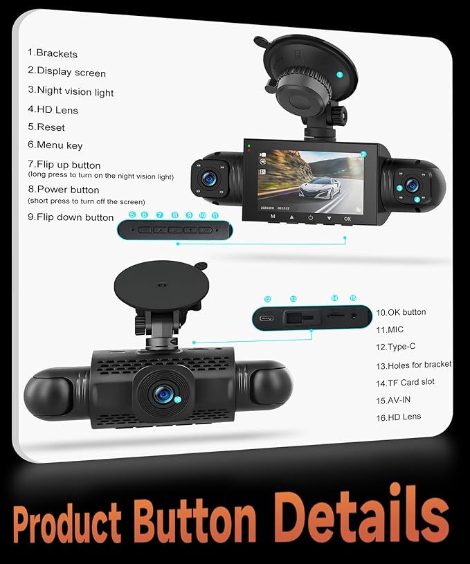 360 Degree View 4 Channel Dash Cam Front and Rear Inside Left Right, Dash Camera for Cars, Built-in Night Vision, 24/7 Recording Parking Mode Monitor