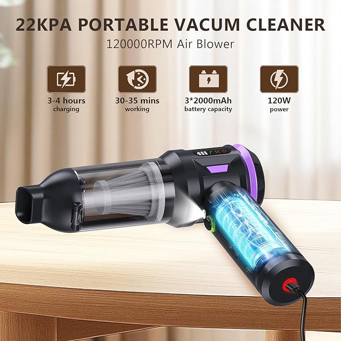 Portable Cordless Car Vacuum, 4-in-1 Handheld with Air Blower, New Pro Brushless Motor, 22000Pa Suction, Type-C Fast Charging, LED Light, for Pet Hair Car Home Office, with Case (Black Purple)