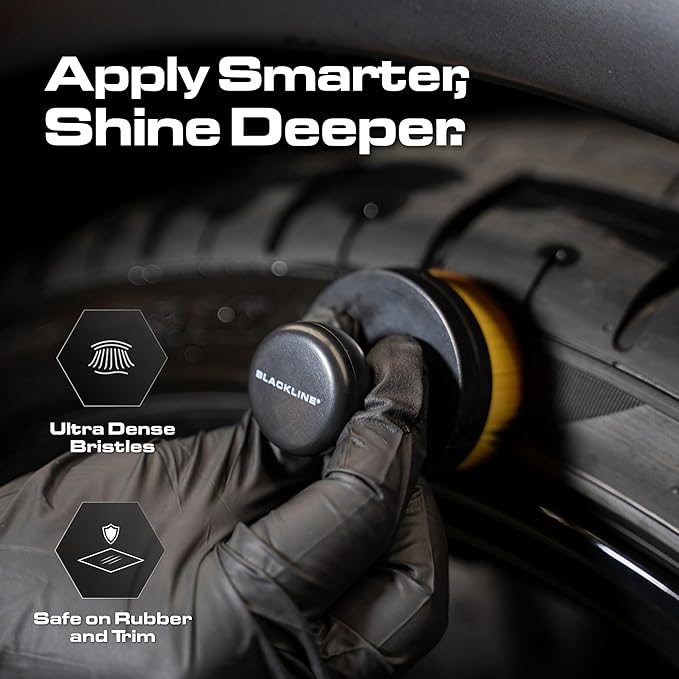 Blackline Reusable Tire Shine Applicator Brush – Soft Bristle Tool for Even Application, Ergonomic Grip with Drainable Stand, Mess-Free Gel & Liquid Tire Dressing Brush for Trim and Rubber Surfaces