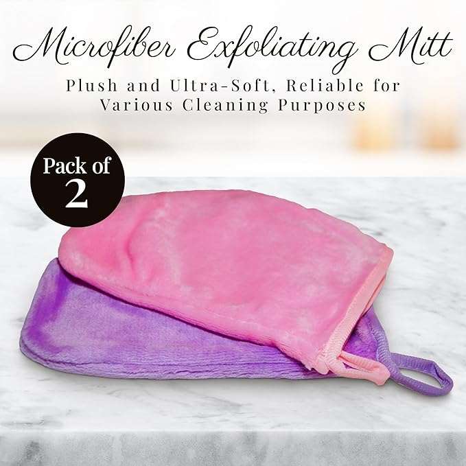 EcoSol Designs - Microfiber Mittens, Ultra-Soft Body Exfoliator Lathering and General Cleaning Dusting Must-Have, Thick Exfoliant Glove 2-Pack with Hanging Loops, Pink and Lavender, 6 x 9 inches Each