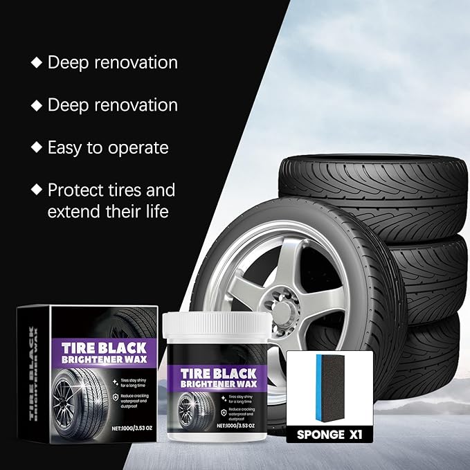 Tire Shine Wax Coating Paste, Car Tire Black Shine with Conditioners, Resists Water & Sunshine Fading, Tire Cleaner with Applicators for Cars, Trucks, Motorcycles, 3.53 Oz