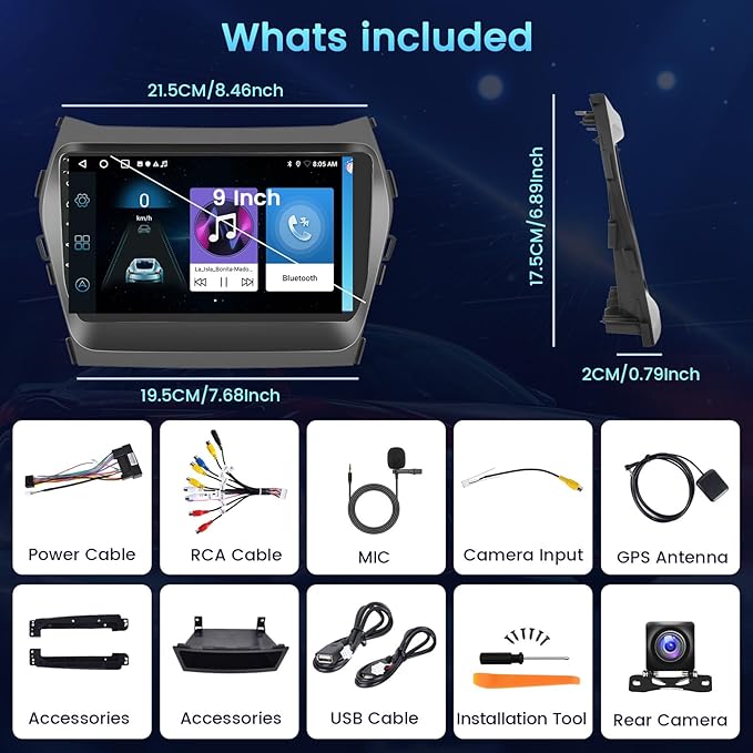 【2+64GB】 Wireless Carplay for Hyundai Santa Fe 2013-2017 Android Car Stereo 9" Touch Screen with Android Auto, Radio Dash Kit GPS Navigation WiFi Bluetooth SWC Mirror Link, Mic Backup Camera