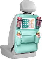 LUCMO Car Backseat Organizer with Touch Screen Tablet Holder,9 Storage Pockets Car Storage Organizer,Protectors Kick Mats Travel Accessories for Kids-Light Blue