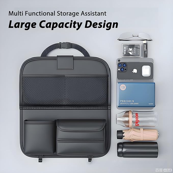 Universal Premium Leather Foldable Car Backseat Organizer with Table Tray, Seat Back Protector with Touch Screen Pad Phone Holder, Car Storage Pockets Tissue Holder with School Bags Hooks