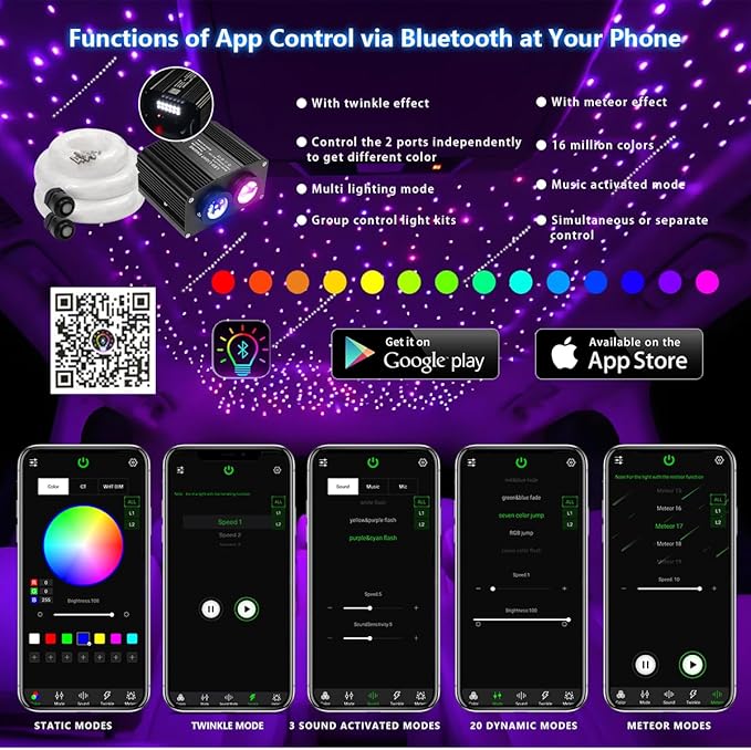 AKEPO 18W Meteor Twinkle 2-in-1 APP Fiber Optic Lights, RGBW Dual Color Twinkle 750pcs of 9.8ft/3m Mixed Size Fiber Strands+240pcs Fiber Shooting Star Ceiling Light Kit for Starlight Headliner/Home