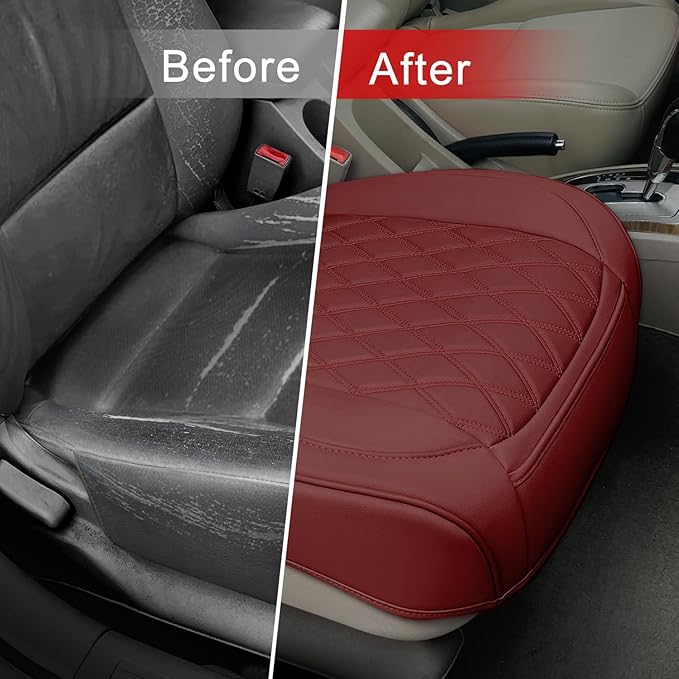 BEITK 1 Pack Leather Front Car Seat Cover Bottom Car Seat, Anti-Slip and Full Wrap Driver Car Seat Protectors, Luxury Waterproof Bottom Auto Seat Cushion Pad Mat for Most Vehicles(Red)